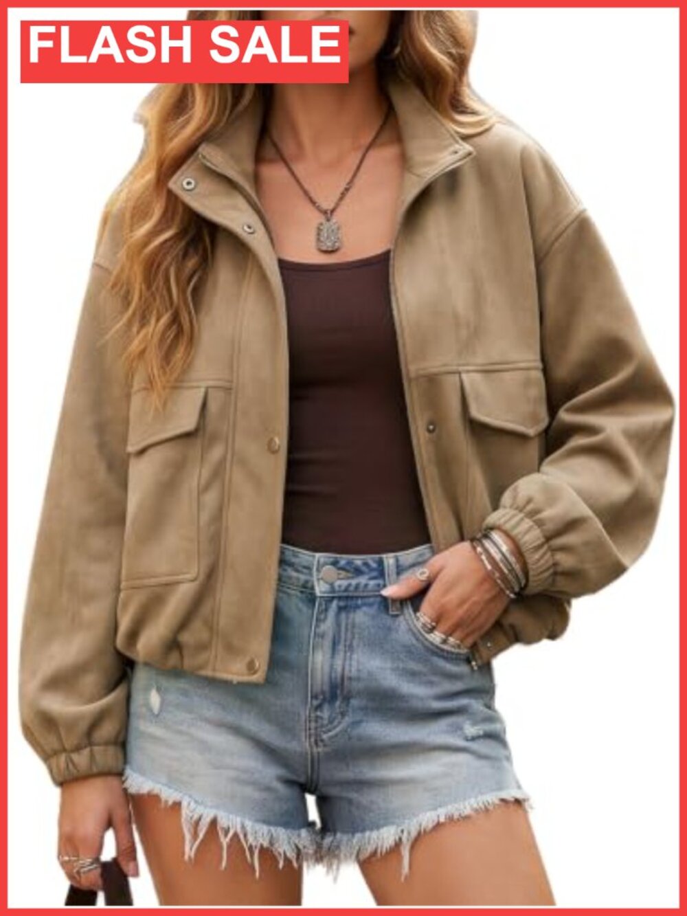 Faux Suede Bomber Jacket Oversized Cropped Zip Up Coat with Pockets